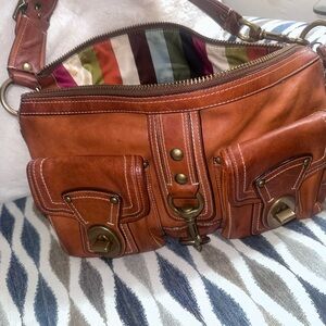 Coach Tan Leather Shoulder Bag with Brass Accents